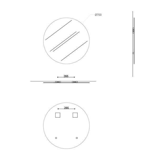 Maßzeichnung eines runden Spiegels mit Durchmesser 700 Millimeter und Montageabstand 265 Millimeter.