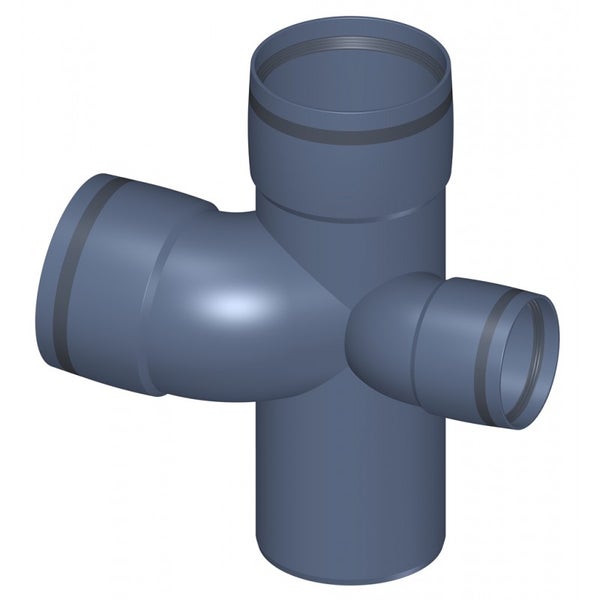 HT-Eckdoppelabzweig 90 Grad aus Kunststoff mit Dichtungsringen für die Abwasserentsorgung.