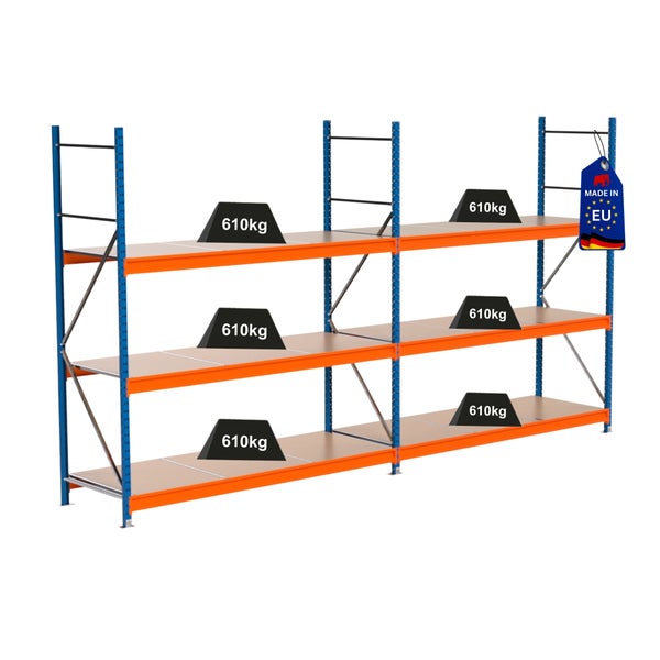 Regal mit einer Traglast von 610 Kilogramm und dem Herkunftssiegel Made in EU