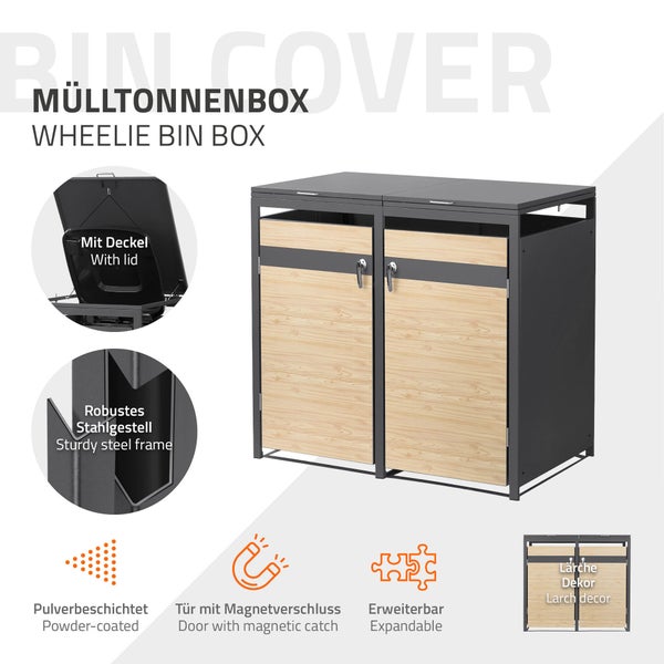Erweiterbare Mülltonnenbox für zwei Tonnen aus pulverbeschichtetem Stahlgestell, Türen in Lärchen-Optik, mit Deckel und Magnetverschluss.