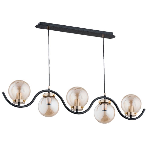 Moderne fünf-flammige Pendelleuchte mit geschwungenem Design, runden Glaskugeln und Metallakzenten für eine stilvolle Innenbeleuchtung.