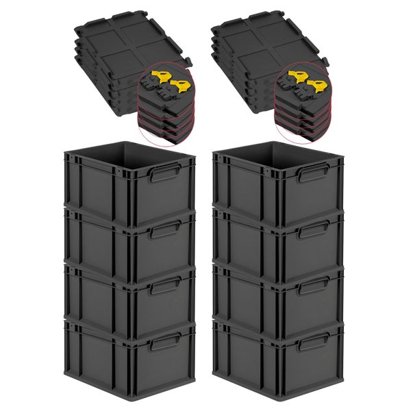 PROREGAL SuperSparSet 8x Eurobox NextGen Grip mit Scharnierdeckel und gelben Schiebeschnappverschlüssen, HxBxT 22x30x40cm, 20 Liter, Schwarz, Griffe geschlossen, Eurobehälter, Transportbox, Transportbehälter, Stapelbehälter