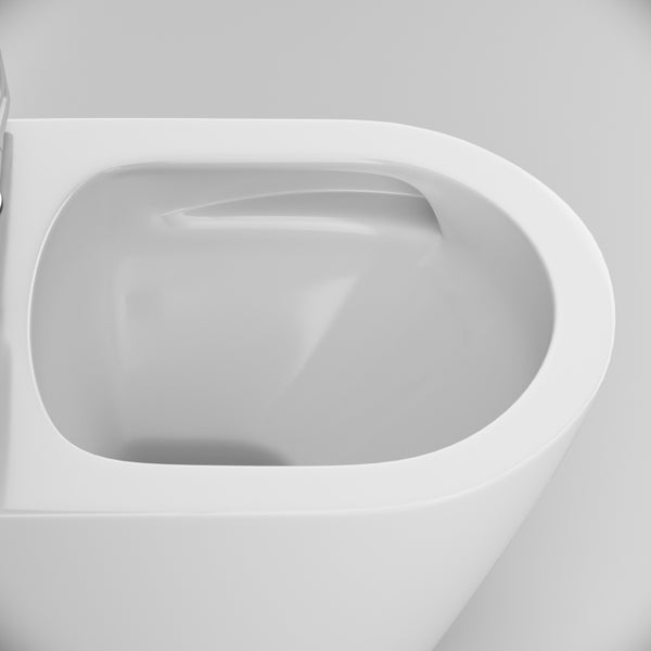 Nahaufnahme eines spülrandlosen Toilettenbeckens aus Keramik zur einfachen Reinigung.