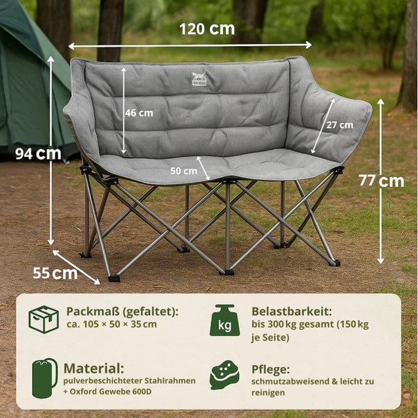 Doppelsitzer Campingstuhl mit Maßen und Materialangaben