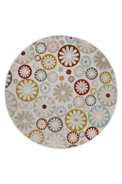 Runder Teppich mit buntem Blumenmuster bestehend aus floralen Kreisen.