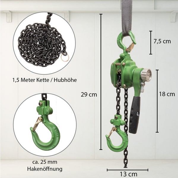 Manueller Hebelzug mit 1,5 Meter Kette und 250 Kilogramm Tragkraft inklusive Maßangaben zur Hakenöffnung und Gerätehöhe.