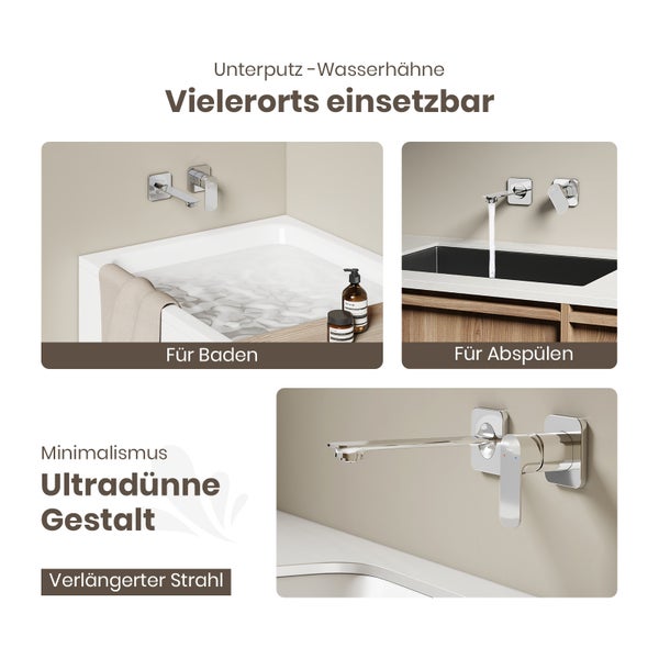 Aufputz-Wasserhähne, die vielfältig einsetzbar sind, dargestellt in Badsituationen und als Detailansicht.