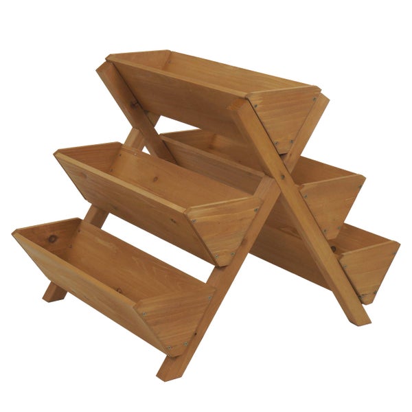 Pflanzentreppe aus Holz mit fünf versetzten Pflanzkästen in Leiterform für Garten und Balkon.