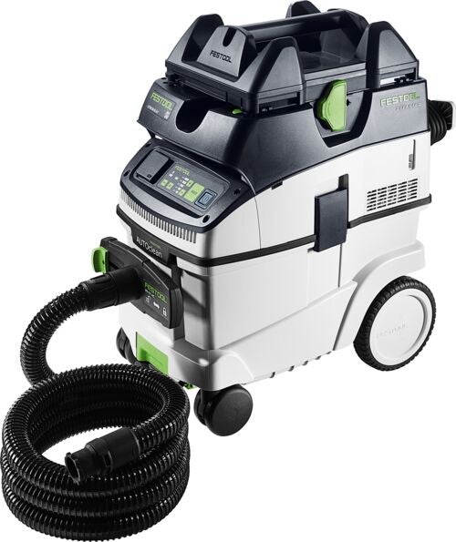 Festool Absaugmobil mit Zubehör wie Saugschlauch, Ablage und Filtersäcken für die Werkstatt.