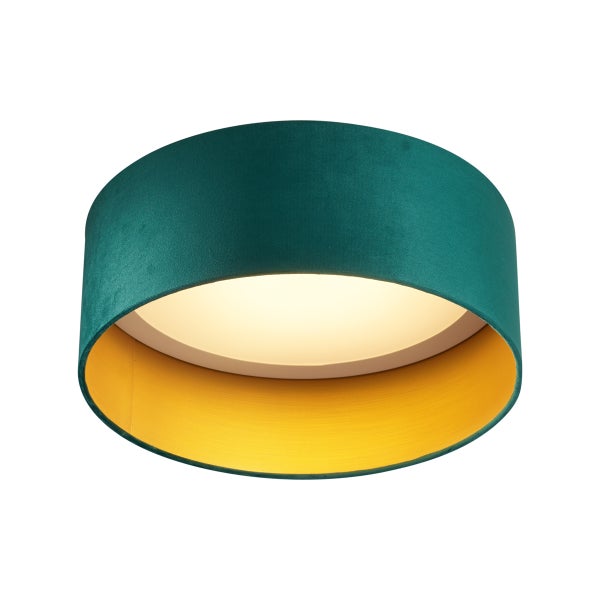 Runde Deckenleuchte mit grünem Samtschirm und gelber Innenseite.