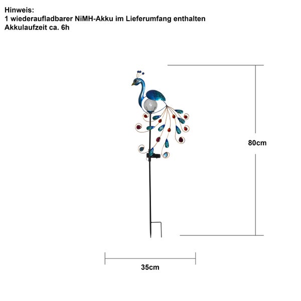 Pfau Solarleuchte zur Gartendekoration, 80 Zentimeter hoch