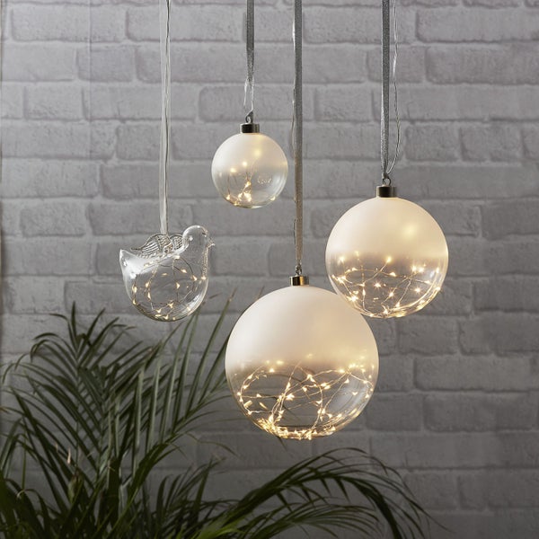 Dekorative LED-Glasanhänger, Kugelform und Vogelform, mit filigranen Lichtern