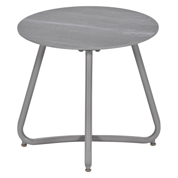 Runder Beistelltisch mit grauer Tischplatte in Steinoptik und grauem Metallgestell.