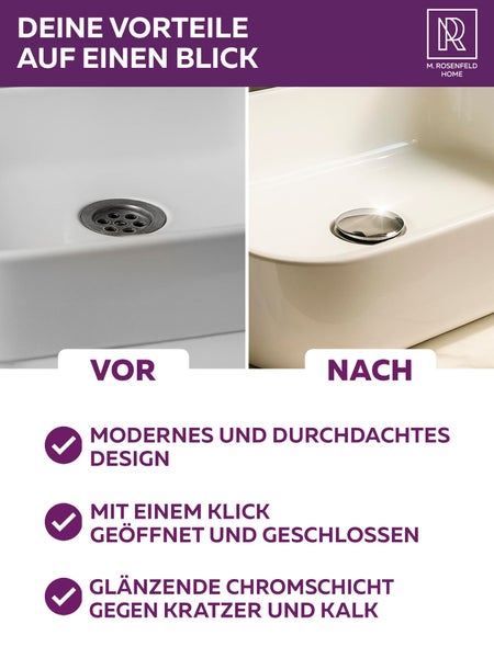 Waschbecken Ablaufgarnitur Vergleich vor und nach der Installation, M. Rosenfeld Home Logo