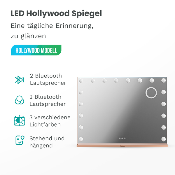 Mirlux Hollywood Make Up Spiegel LED-Beleuchtung - Bluetooth-Lautsprecher - 10x Zoom - Aufhängbar - Rose Gold - 80x60cm