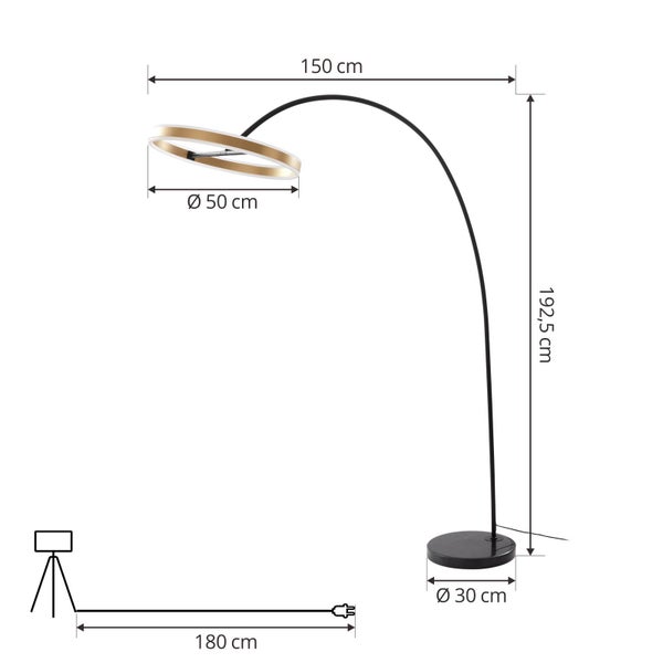 Bogenleuchte Schwarz Gold: Höhe 192,5 Zentimeter, Breite 150 Zentimeter, Schirm Durchmesser 50 Zentimeter, Kabellänge 180 Zentimeter.