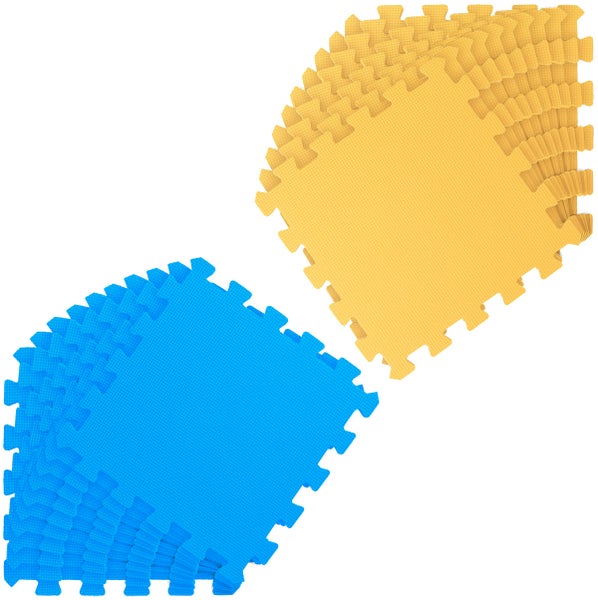 Blaue und gelbe Puzzlematten aus Schaumstoff mit strukturierter Oberfläche.