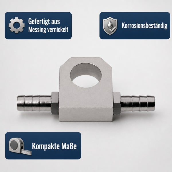 Vernickeltes Messing Schlauchanschlussstück mit Montagebohrung und korrosionsbeständigen Eigenschaften.