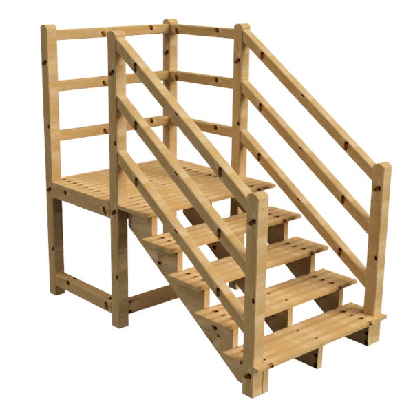 Holztreppe mit Geländer und Plattform