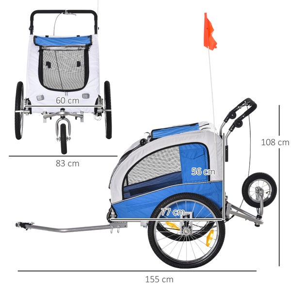 PawHut Fahrradanhänger, 155L x 83B x 108H cm, 600D Oxford, Stahl, Blau+Grau