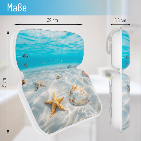 Badezimmer Kopfkissen mit Unterwasserwelt Motiv in den Maßen 39 mal 31 mal 5,5 Zentimeter mit Saugnäpfen für die Wannenbefestigung
