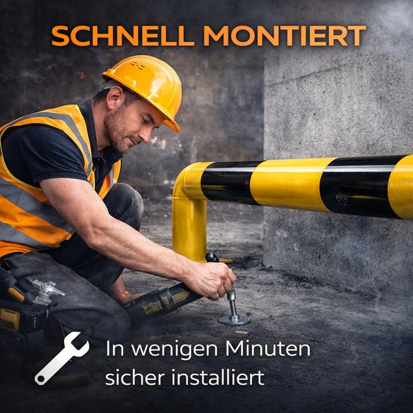 Ein Bauarbeiter montiert einen gelb-schwarzen Rammschutzbügel auf einem Betonboden.
