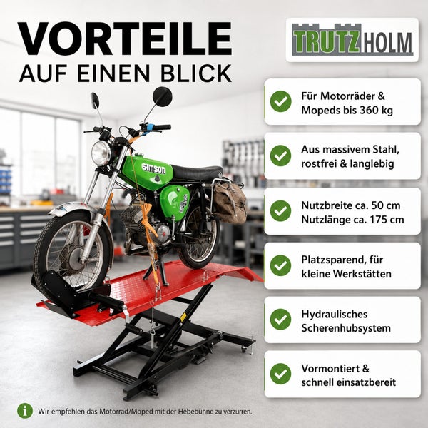 Trutzholm Logo. Hydraulische Scherenhebebühne für Motorräder bis 360 Kilogramm aus Stahl, Nutzfläche circa 50 mal 175 Zentimeter.