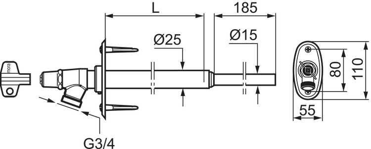 Maßzeichnung einer frostsicheren Außenarmatur mit verschiedenen Ansichten, Maßen in Millimetern und Mora Logo.