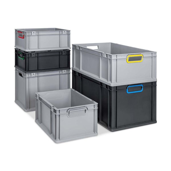 PROREGAL SuperSparSet 10x Eurobox NextGen Color mit Auflagedeckel und Schiebeschnappverschlüsse, HxBxT 17x30x40cm, 16 Liter, Schwarz, Griffe rot offen, Eurobehälter, Transportbox, Transportbehälter, Stapelbehälter