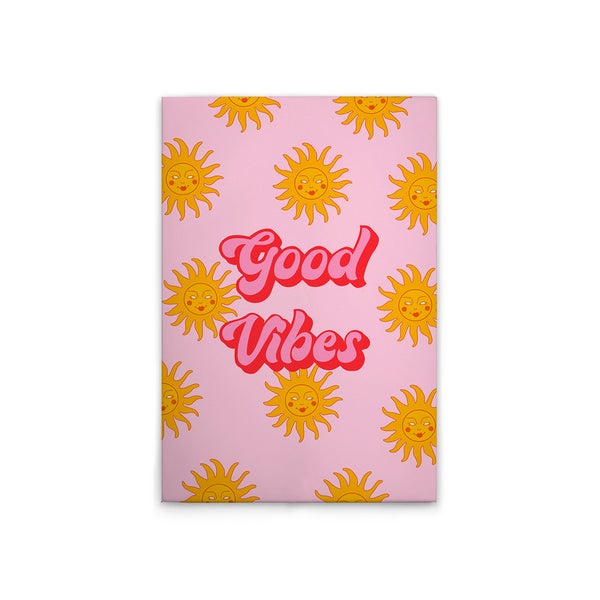 Dekorative Leinwand mit dem Aufdruck "Good Vibes" und einem Sonnenmotiv