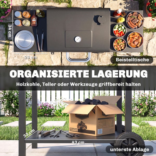 Outsunny Holzkohlegrill mit Deckel, BBQ Smoker Grill mit 2 Seitentischen Große Grillfläche Grillrost Thermometer Räder, Grillwagen Standgrill Kohlegrillwagen 110 x 46,5 x 101 cm Schwarz