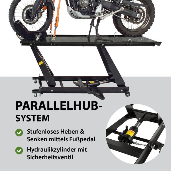 Motorrad auf einer Motorradhebebühne mit Parallelhubsystem
