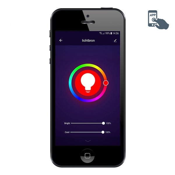 Smartphone mit App zur Lichtsteuerung, Farbring und Reglern für Helligkeit und Farbtemperatur.