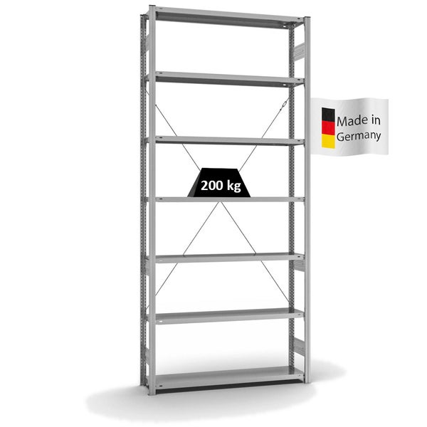 PROREGAL Fachbodenregal Stecksystem T-Profil Medium-Duty Grundregal HxBxT 300 x 130 x 30 cm 7 Ebenen Fachlast 200 kg Einseitig Nutzbar Verzinkt