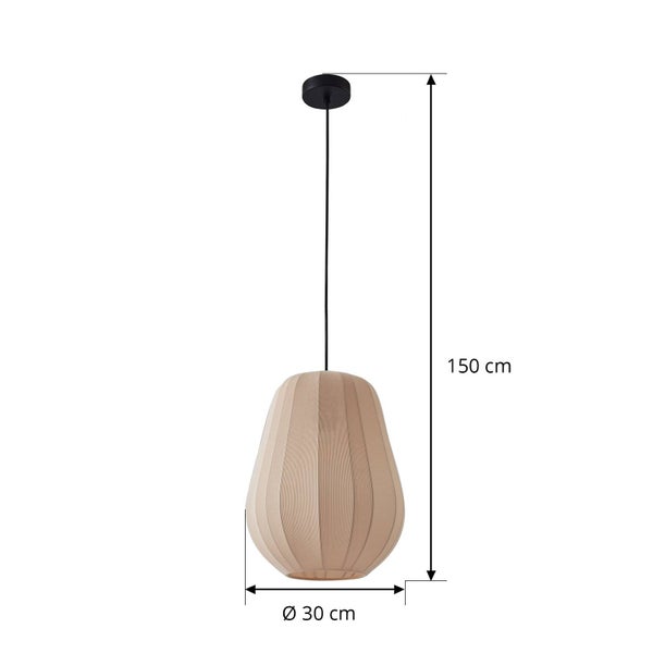 Pendelleuchte mit einem Durchmesser von 30 Zentimetern und einer Gesamthöhe von 150 Zentimetern. Birnenförmiger Schirm mit Rippenstruktur.