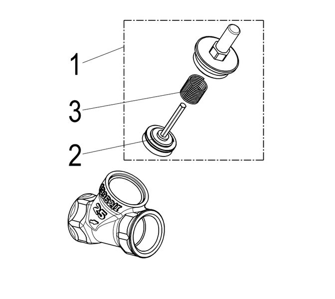 Explosionszeichnung eines Ventil-Ersatzteilsets mit Feder und Ventilteller.