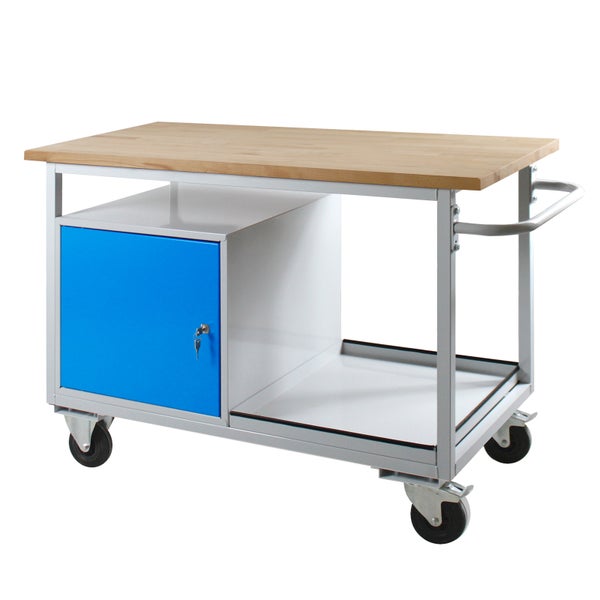 PROREGAL Mobile Werkbank Light Rhino mit Ablagefach 1 Tür HxBxT 85 x 130 x 60 cm 2 Lenkrollen 2 Bockrollen Traglast 300 kg Lichtgrau Blau