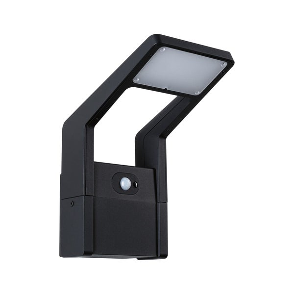 Moderne LED-Außenwandleuchte mit Bewegungsmelder, anthrazitfarbenes Gehäuse, geneigter Lichtkopf.