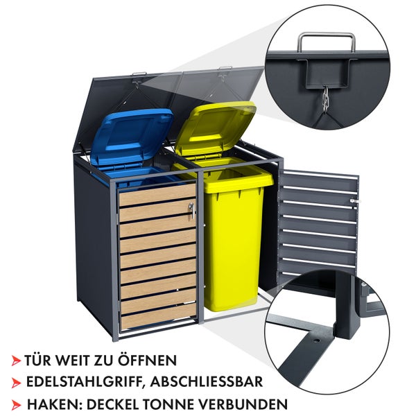FLOORDIREKT Mülltonnenbox Johan Edelstahlrahmen und Holzdekor 132 x 80 x 116 cm - 2 Türen