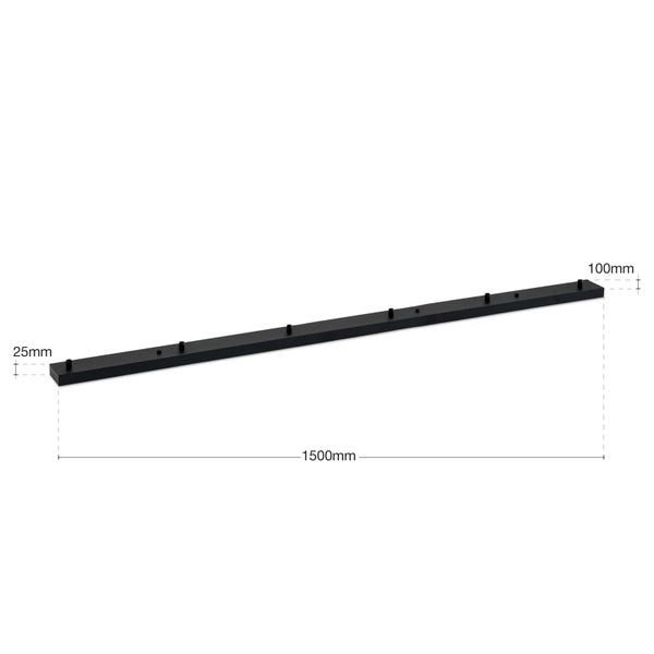 Zeichnung einer schwarzen Montageplatte mit den Maßen 1500 mm x 100 mm x 25 mm