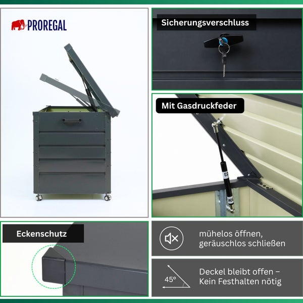 Proregal Metall-Aufbewahrungsbox auf Rollen mit Gasdruckfedern, Sicherungsverschluss, Eckenschutz und geräuschlosem Schließmechanismus.