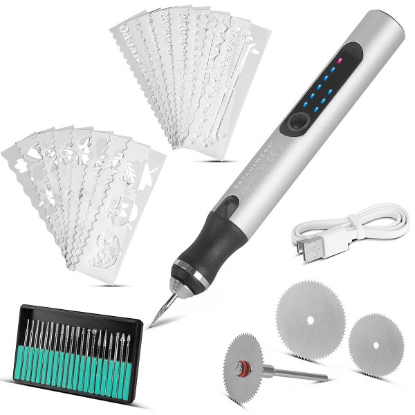 Gravierstichel Set mit Schablonen, Schleifaufsätzen und USB-Kabel