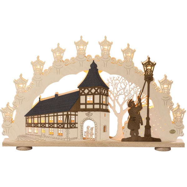 Holz Schwibbogen mit LED Beleuchtung und Fachwerkhaus Motiv aus dem Erzgebirge zur Weihnachtsdekoration