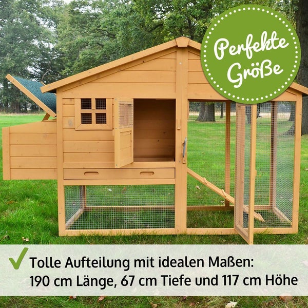 Hühnerstall aus Holz mit Auslaufgehege, zwei Ebenen, Rampe und Nistkasten, Maße 190 mal 67 mal 117 Zentimeter.