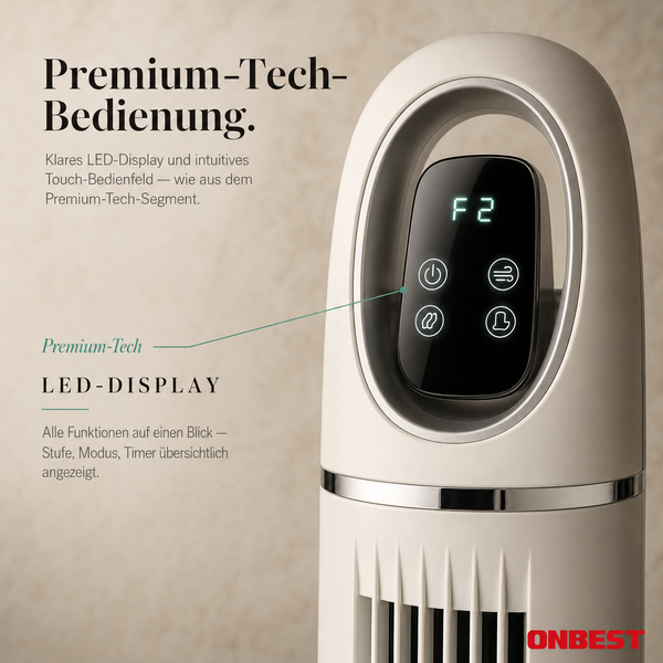 Turmventilator mit ovalem LED-Display und Touch-Bedienfeld zur Steuerung von Stufe, Modus und Timer. ONBEST Logo.