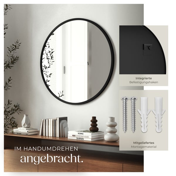 Runder Wandspiegel tectake Fiona integrierte Befestigungshaken Ø 80 cm schwarz