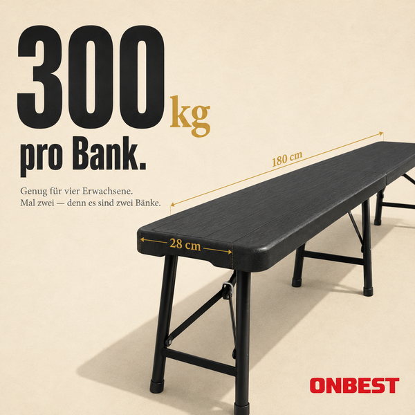 Klappbare Festzeltbank im Zweier-Set, schwarzer Kunststoff, 180 Zentimeter lang, 28 Zentimeter breit, 300 Kilogramm Tragkraft pro Bank, ONBEST Logo.