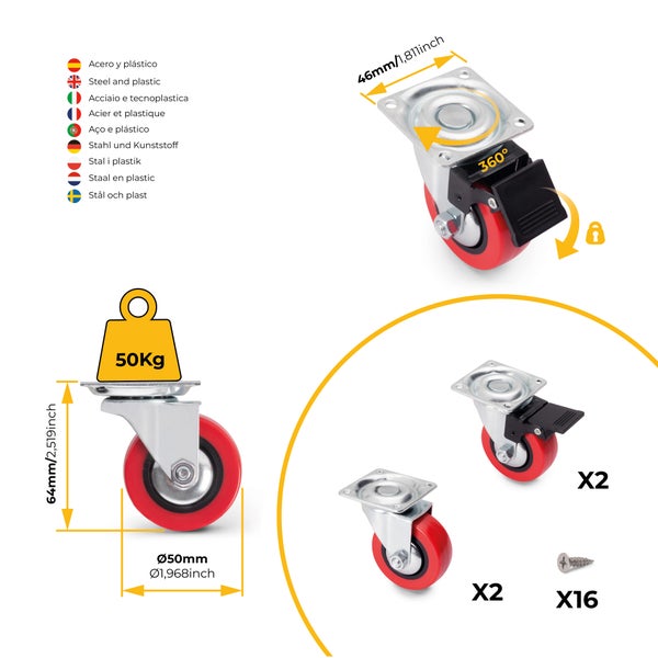 Set aus 4 Lenkrollen aus Stahl und Kunststoff, 50 Millimeter Raddurchmesser, 64 Millimeter Höhe, 50 Kilogramm Tragkraft, 360 Grad drehbar.
