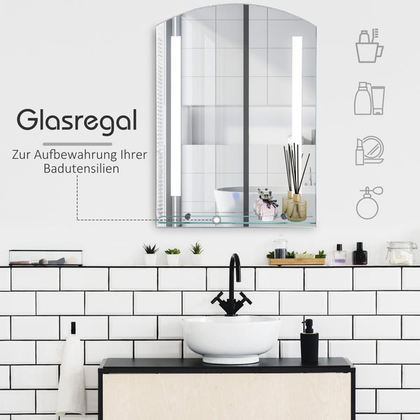 HOMCOM Badspiegel mit Ablage LED Lichtspiegel Badezimmerspiegel Wandspiegel 15W WC Spiegel Wasserdicht 50 x 15,5 x 70 cm