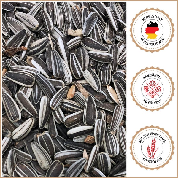 Sonnenblumenkerne mit dem Siegel hergestellt in Deutschland, ganzjährig zu füttern und aus hochwertigen Rohstoffen.